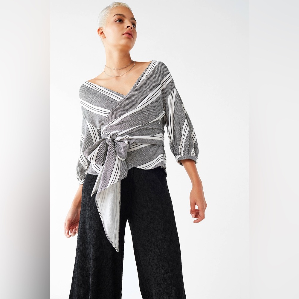 Urban Outfitters Gray & White Striped Wrap Tie-Front Top